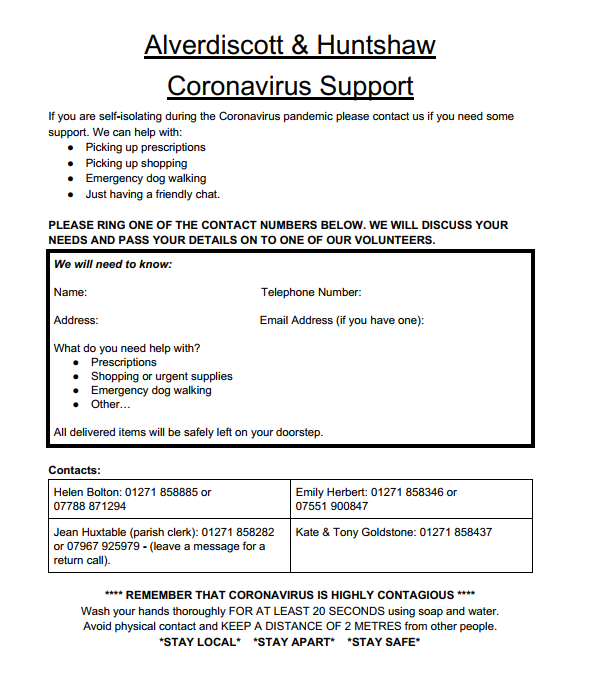 alverdiscott and huntshaw coronavirus support